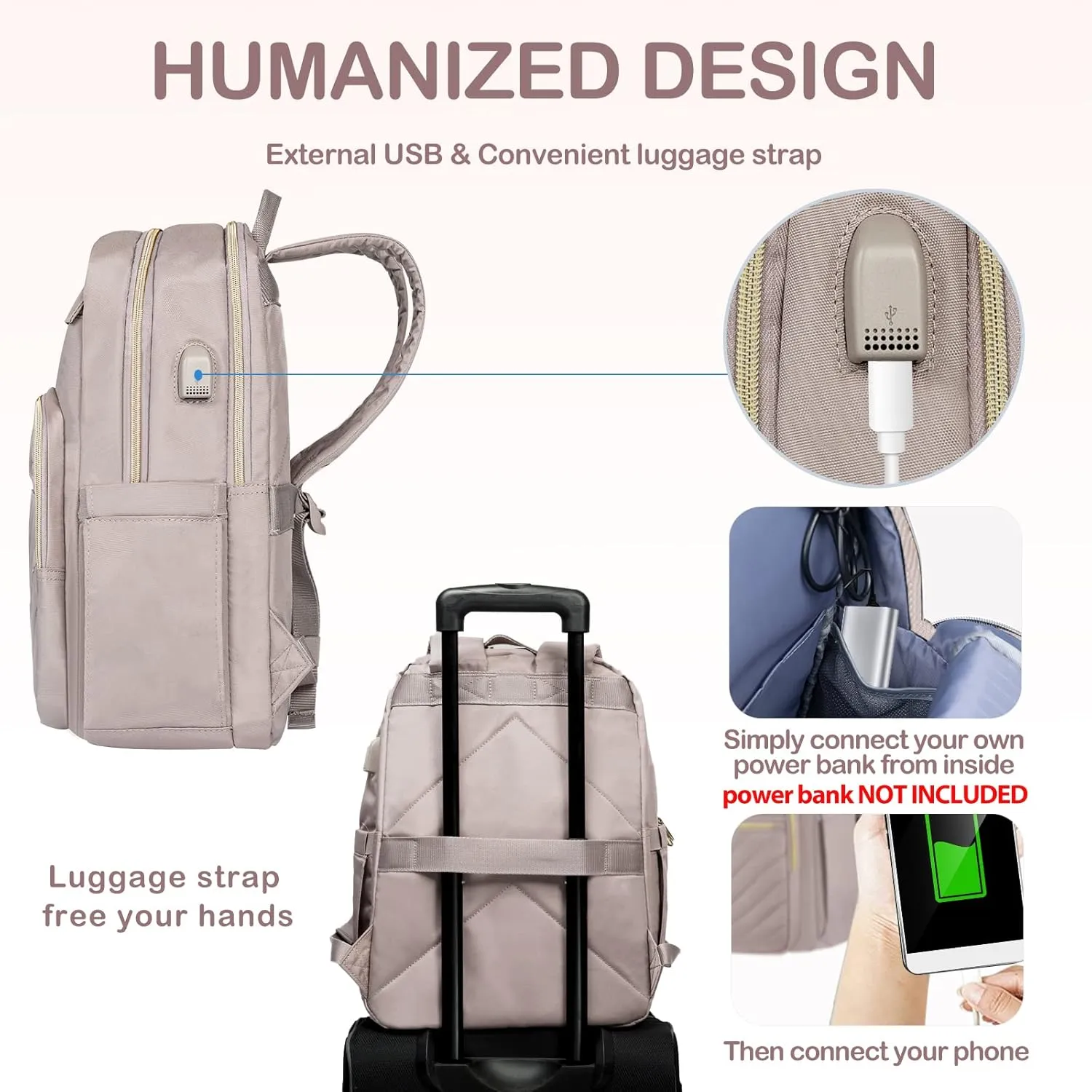 VANKEAN 15.6 Inch Laptop Backpack for Women Work Bag Fashion with USB Port, Waterproof Stylish Travel Bags Casual Daypacks for College, Business, Light Dusty Pink