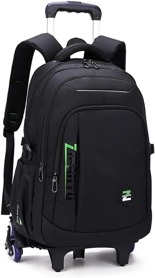 VIDOSCLA Black Kids Boys Rolling Backpack Teens Carry-on Luggage with Wheels Trolly BookBag for School-6 Wheels