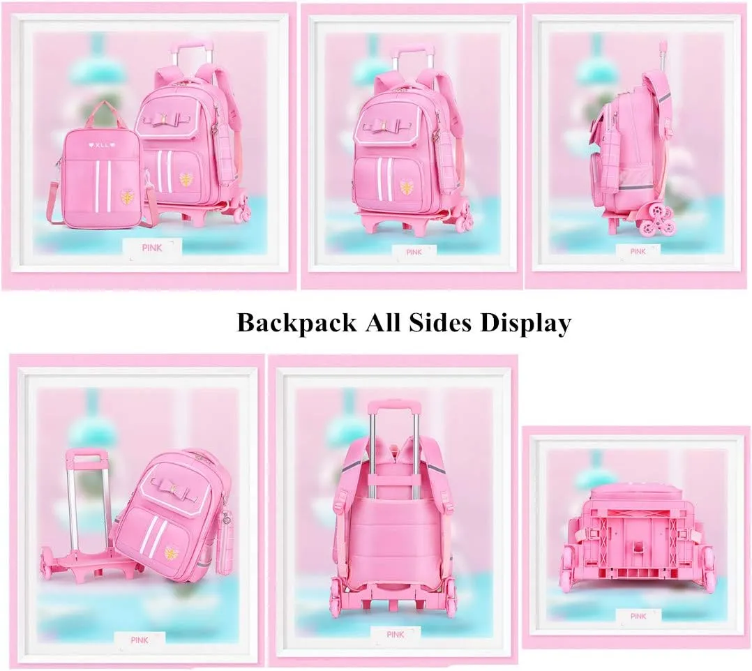 VIDOSCLA Bowknot Kids Girls Rolling Backpack Cute Carry-on Luggage with Wheels Trolly BookBag for School-6 Wheels