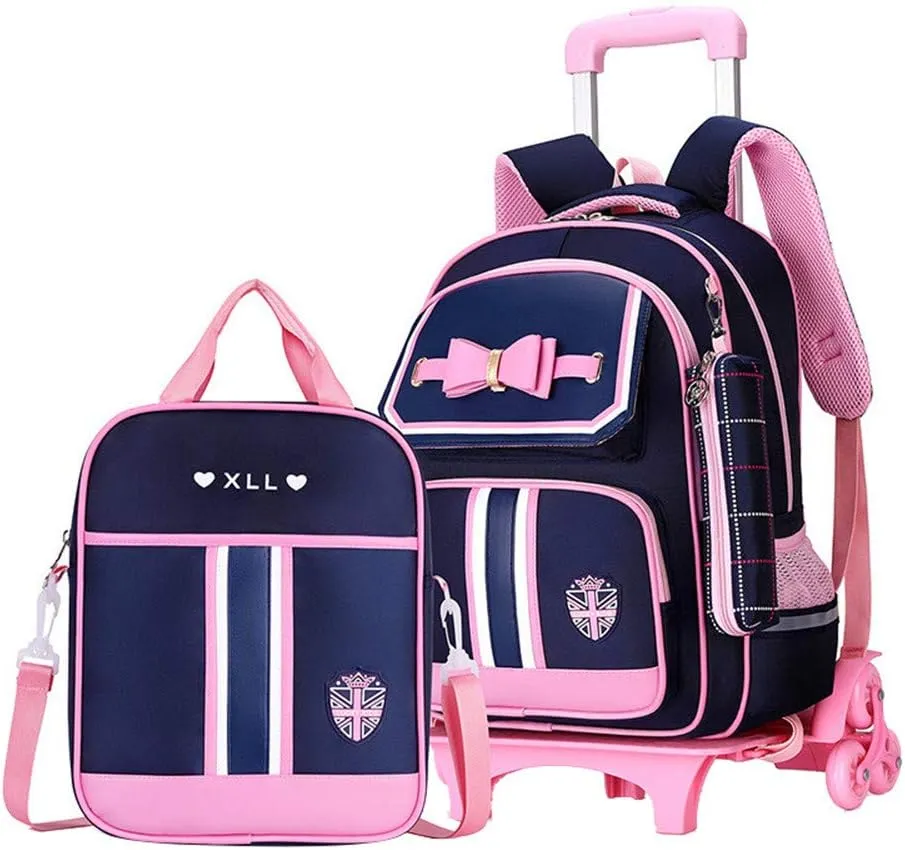 VIDOSCLA Bowknot Kids Girls Rolling Backpack Cute Carry-on Luggage with Wheels Trolly BookBag for School-6 Wheels