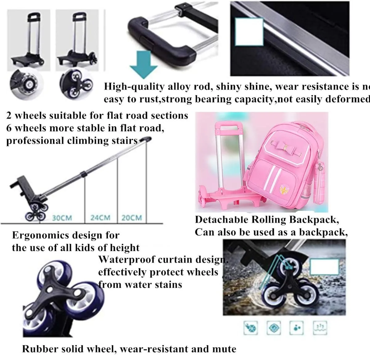 VIDOSCLA Bowknot Kids Girls Rolling Backpack Cute Carry-on Luggage with Wheels Trolly BookBag for School-6 Wheels