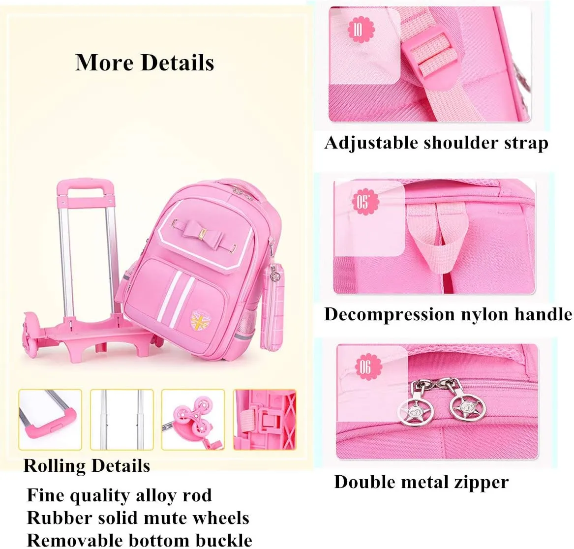VIDOSCLA Bowknot Kids Girls Rolling Backpack Cute Carry-on Luggage with Wheels Trolly BookBag for School-6 Wheels