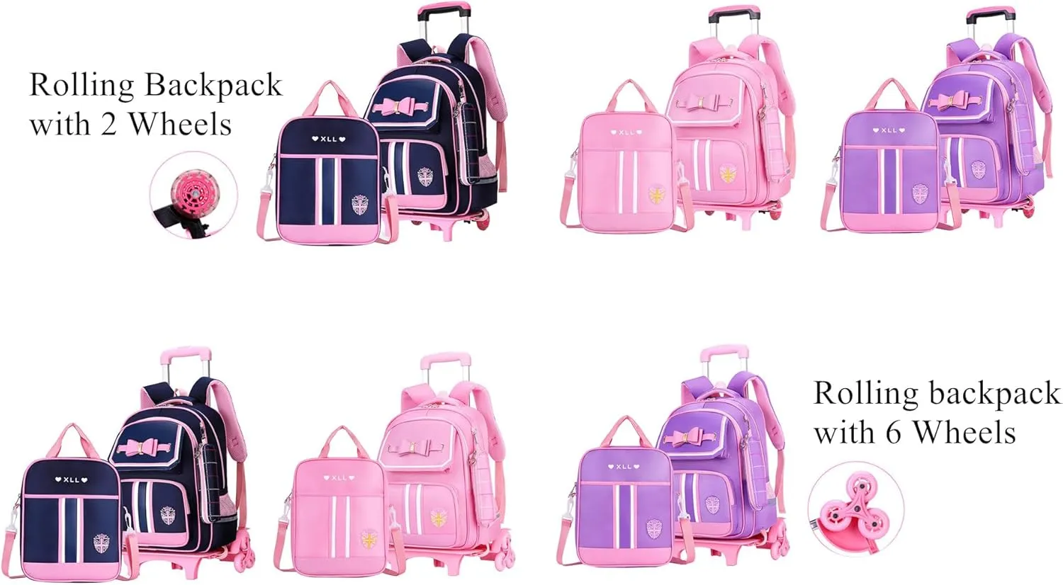 VIDOSCLA Bowknot Kids Girls Rolling Backpack Cute Carry-on Luggage with Wheels Trolly BookBag for School-6 Wheels