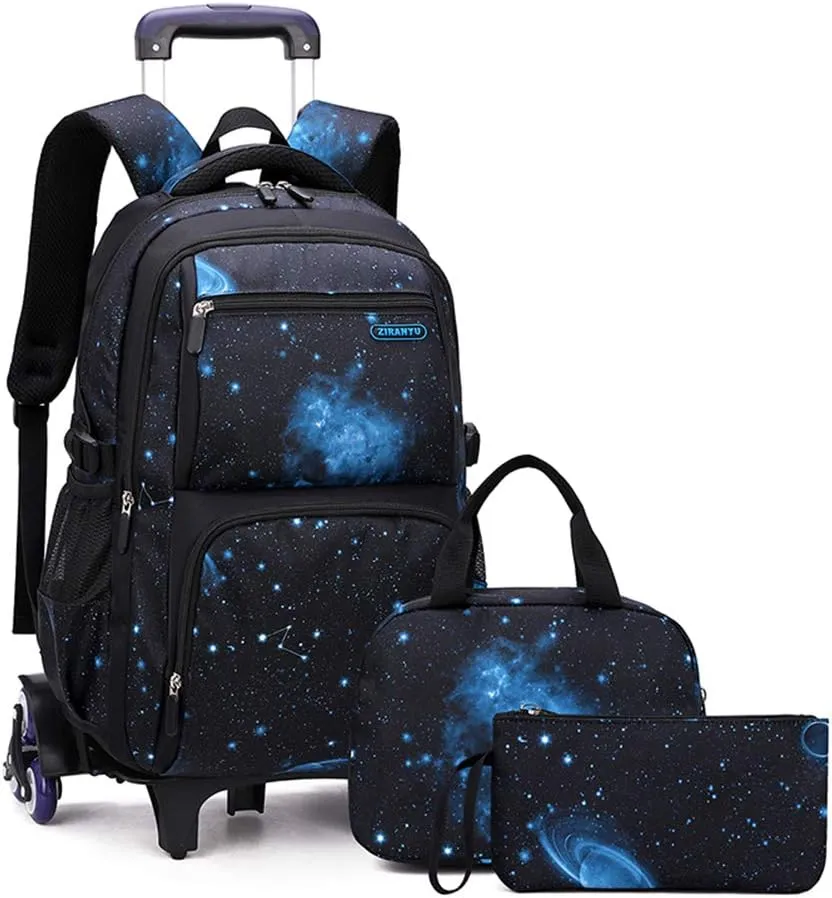 VIDOSCLA Elementary Galaxy Teens Rolling Backpack Kids Boys Luggage with Wheels Trolly BookBag for School-6 Wheels