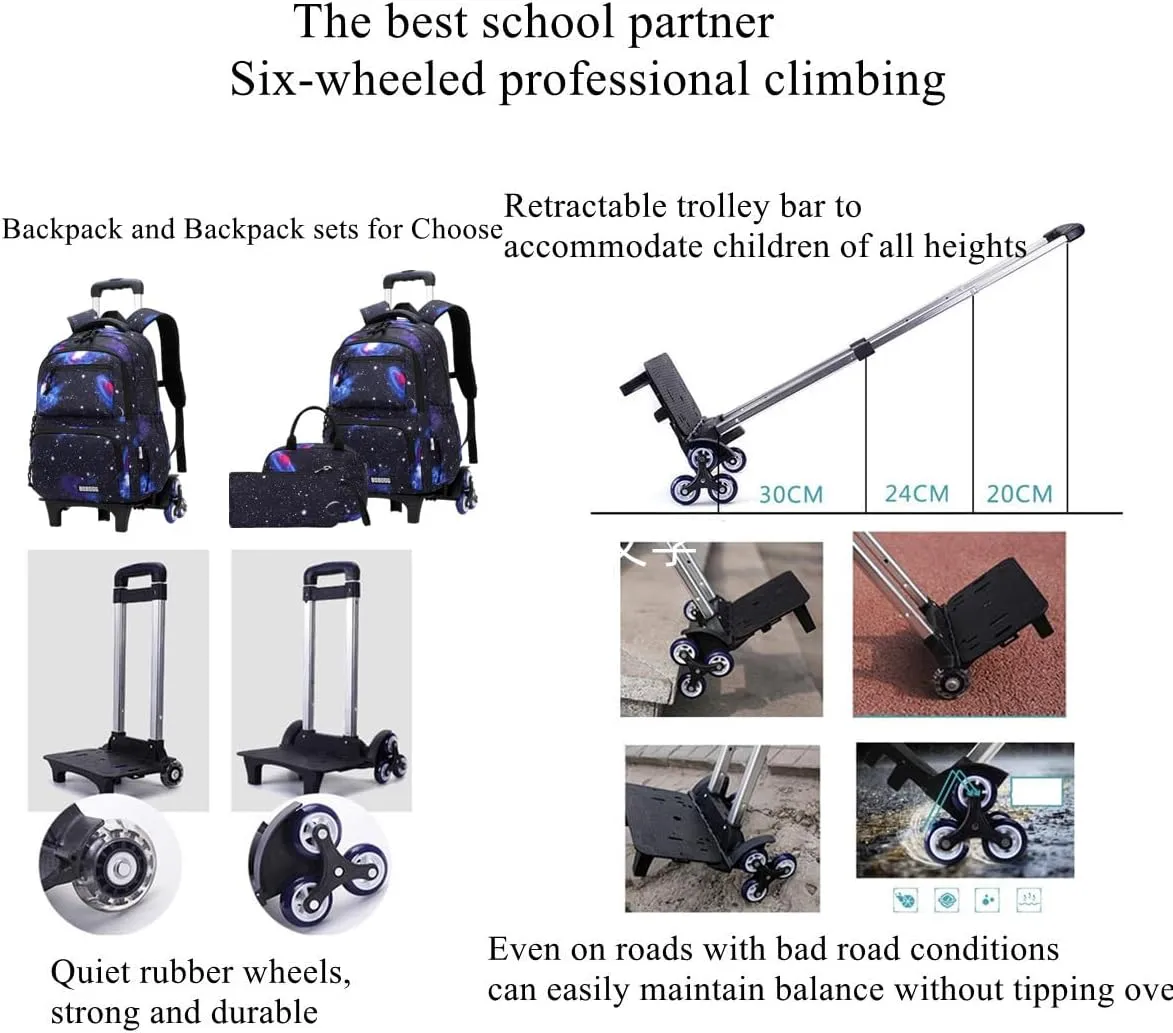 VIDOSCLA Galaxy Kids Rolling Backpack for Boys Primary Students Wheeled Bookbags for School