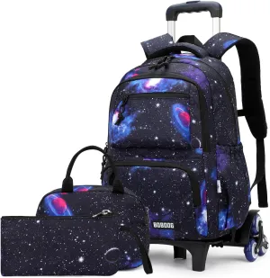 VIDOSCLA Galaxy Kids Rolling Backpack for Boys Primary Students Wheeled Bookbags for School
