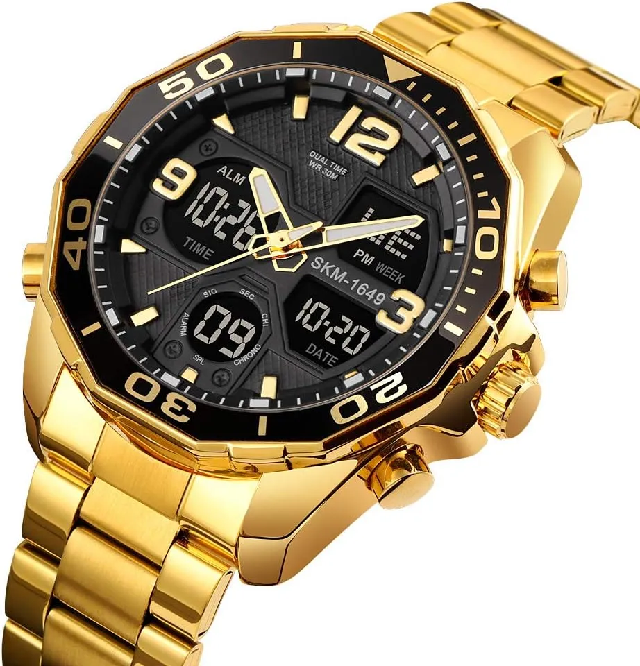 VIGOROSO Mens Watches Multi Times Military Black Watch Chronograph Digital Analog Stainless Steel Wrist Watch for Men/Gents Waterproof
