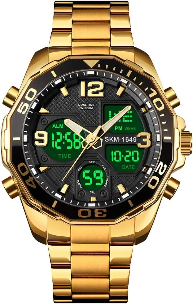 VIGOROSO Mens Watches Multi Times Military Black Watch Chronograph Digital Analog Stainless Steel Wrist Watch for Men/Gents Waterproof