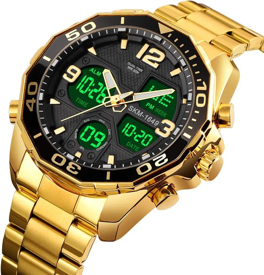 VIGOROSO Mens Watches Multi Times Military Black Watch Chronograph Digital Analog Stainless Steel Wrist Watch for Men/Gents Waterproof