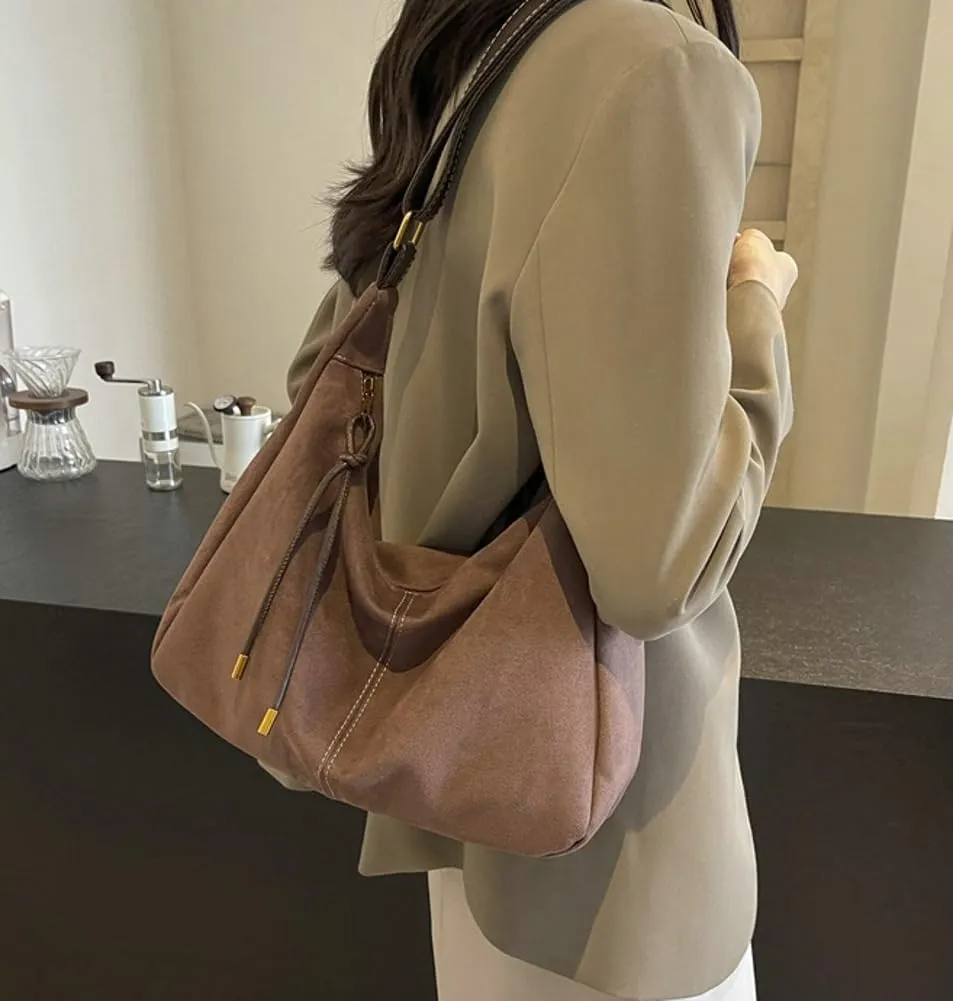 Vintage Chic Suede Tote Bag Shoulder Bag Satchel Purse Slouchy Underarm Bag Work Commute Bag Hobo Bag for Women Girls