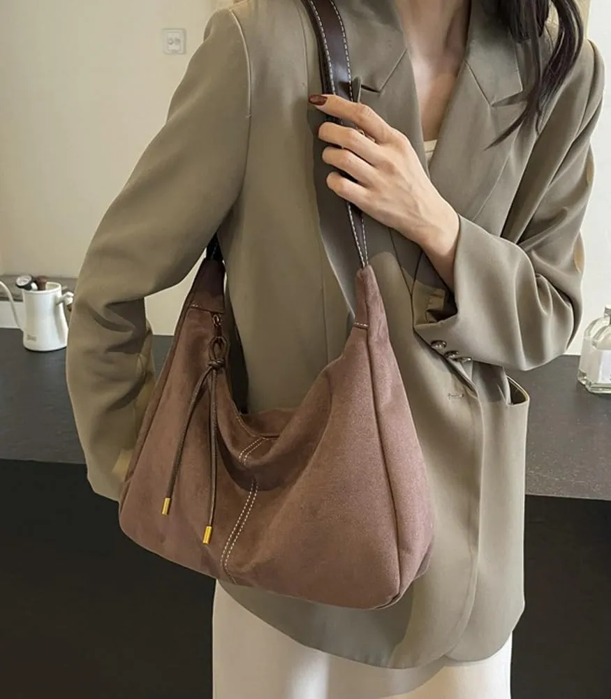 Vintage Chic Suede Tote Bag Shoulder Bag Satchel Purse Slouchy Underarm Bag Work Commute Bag Hobo Bag for Women Girls