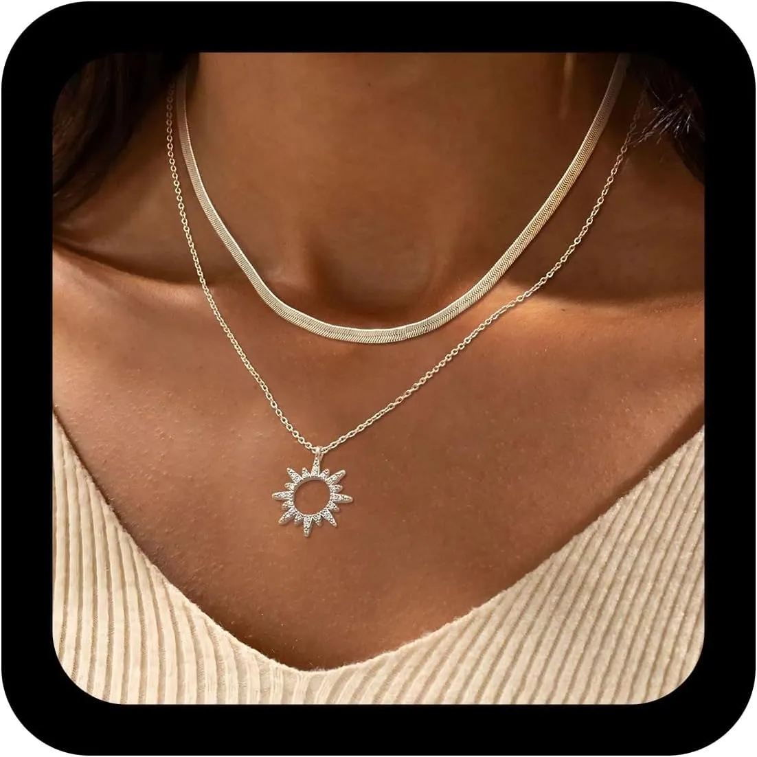 Vintage Layered Sunflower Pendant Necklace Crystal Choker Punk Snake Chain Layering Rhinestone Hollow Cz Sunbrust for Women