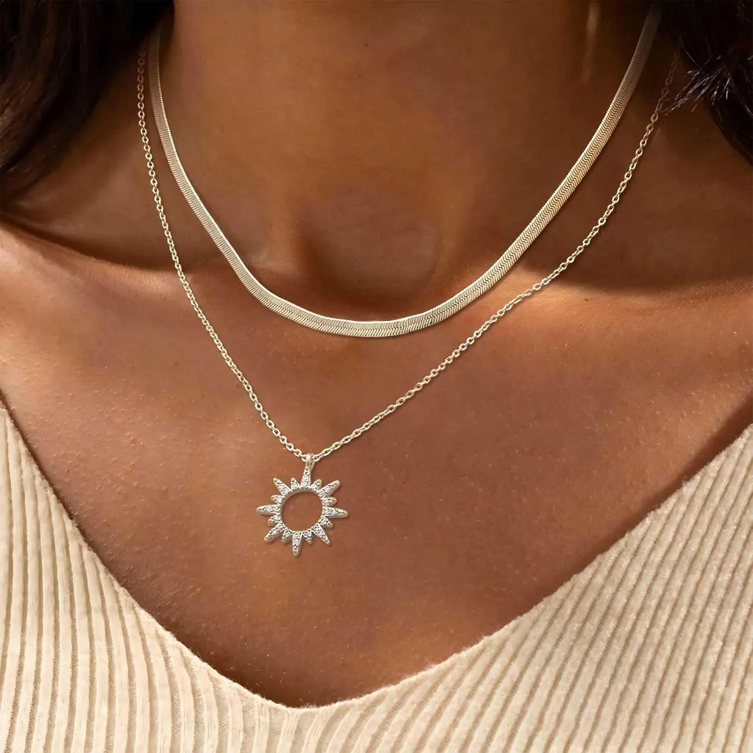 Vintage Layered Sunflower Pendant Necklace Crystal Choker Punk Snake Chain Layering Rhinestone Hollow Cz Sunbrust for Women