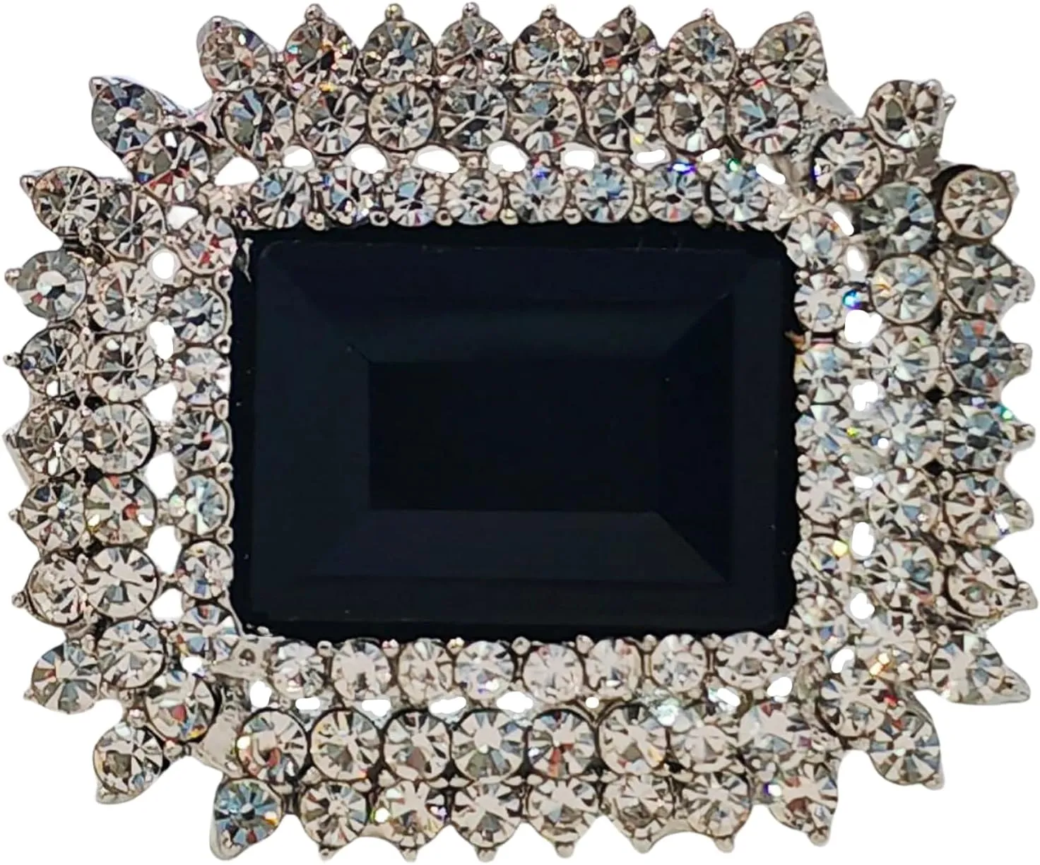 Vintage Style Crystal Brooch Pin, Rectangular Black Center Stone, Silver-Tone Frame with Rhinestones