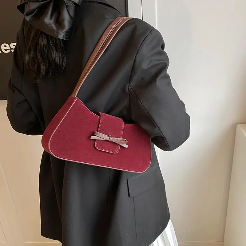 Vintage Suede Bag Trendy Bow Shoulder Bag Satchel Purse Underarm Bag Chic Hobo Bag Commute Work Bag for Women Girls