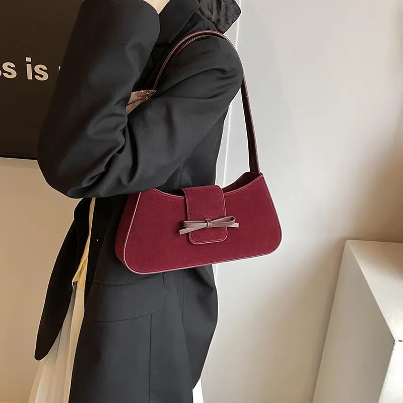Vintage Suede Bag Trendy Bow Shoulder Bag Satchel Purse Underarm Bag Chic Hobo Bag Commute Work Bag for Women Girls