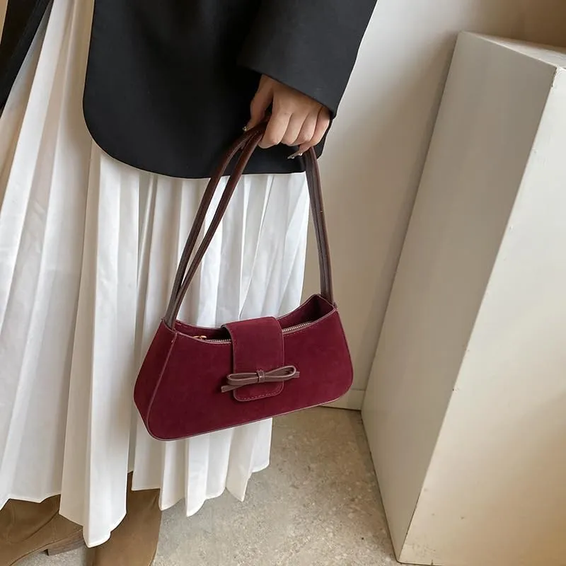 Vintage Suede Bag Trendy Bow Shoulder Bag Satchel Purse Underarm Bag Chic Hobo Bag Commute Work Bag for Women Girls