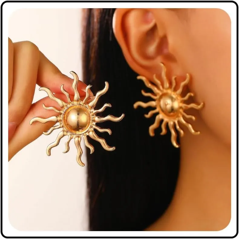 Vintage Sun Stud Earrings Big Sunburst Earring Gold Sunflower Statement Earrings Exaggerated Geometric Sunray Earrings Wedding Prom Jewelry for Women