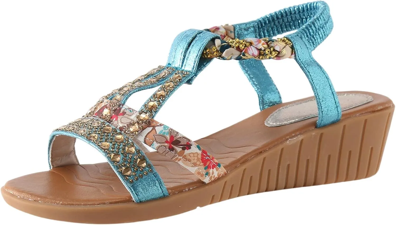Wedge Sandals for Women, Womens Comfy Orthotic Sandals Rhinestone Beaded Bohemia Summer Beach Shoes with Arch Support
