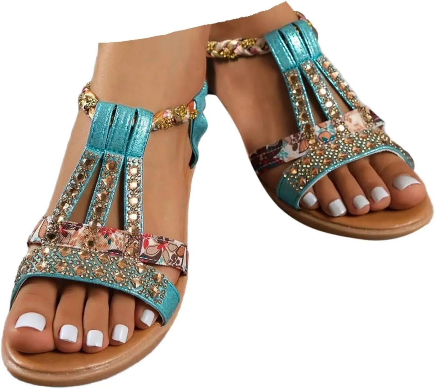 Wedge Sandals for Women, Womens Comfy Orthotic Sandals Rhinestone Beaded Bohemia Summer Beach Shoes with Arch Support