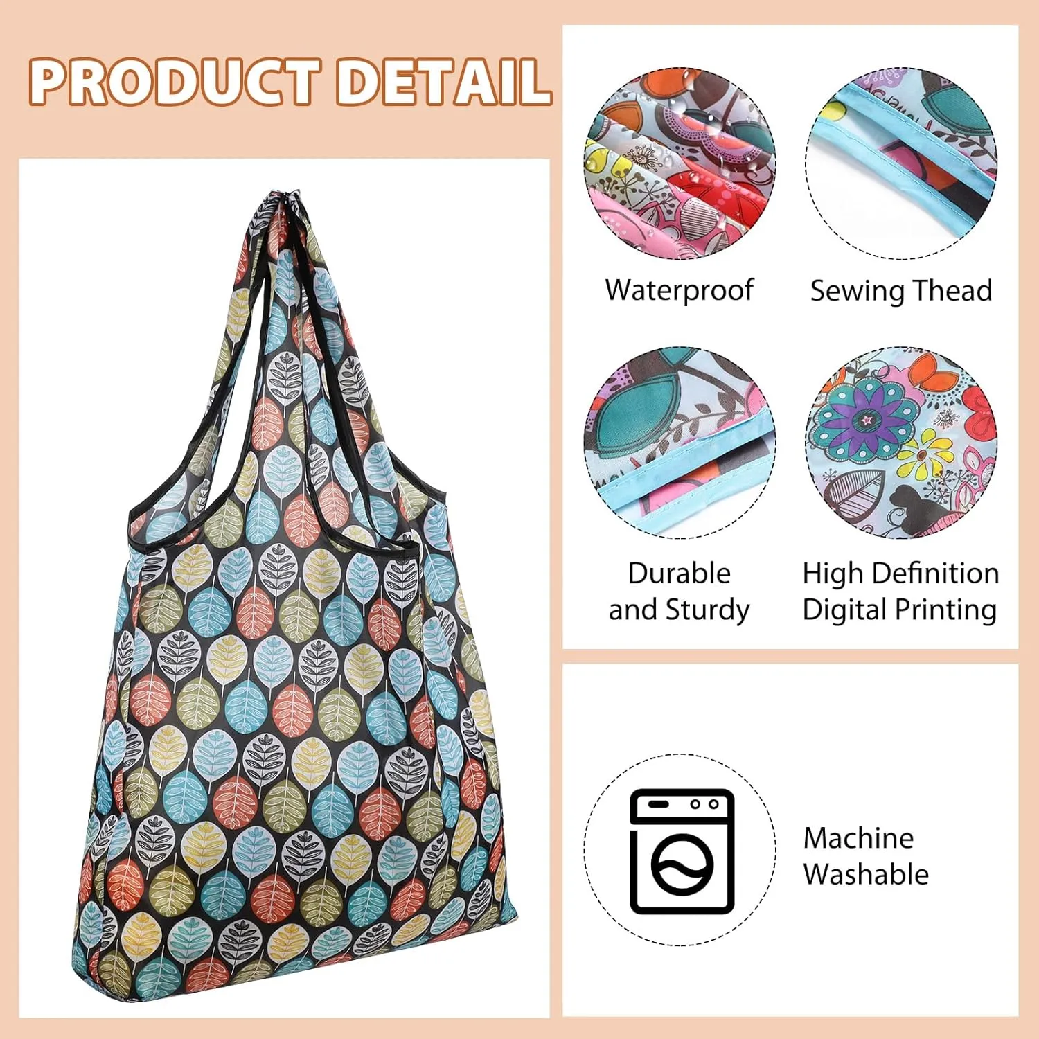 Weewooday 18 Pieces Foldable Reusable Shopping Bags Machine Washable Grocery Bags Waterproof