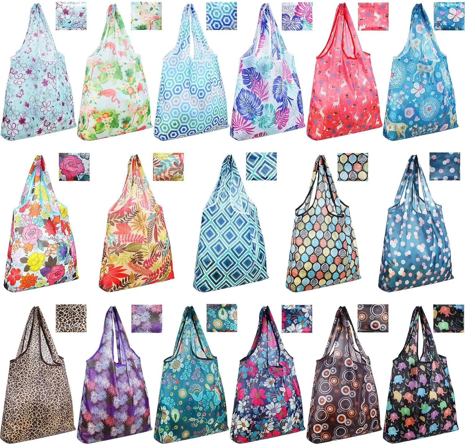 Weewooday 18 Pieces Foldable Reusable Shopping Bags Machine Washable Grocery Bags Waterproof