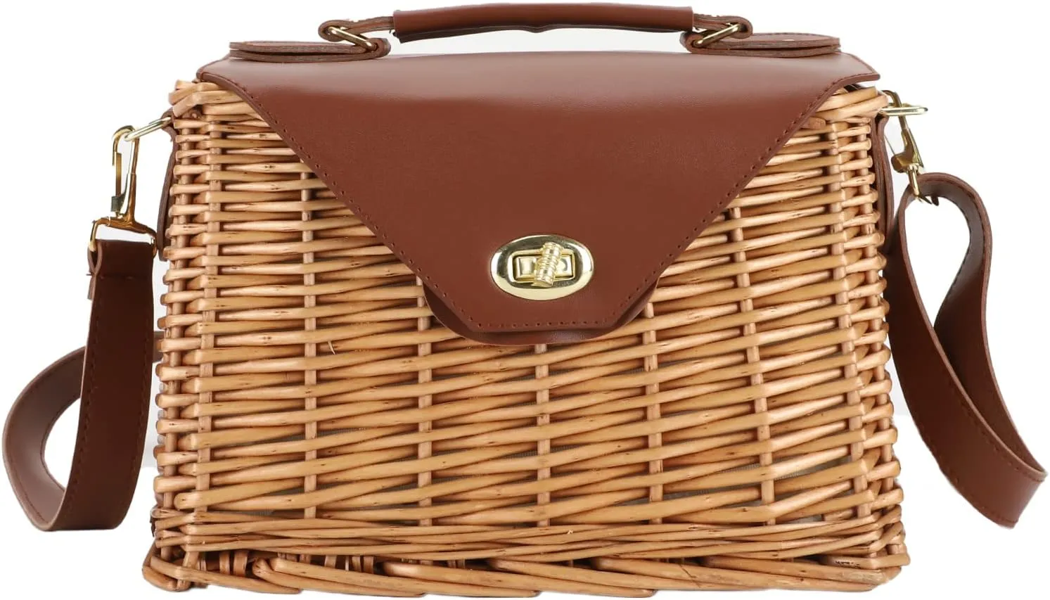 Wicker Handbag Straw Purse for Women, Hand Woven Rattan Bag with Leather Strap, Summer Beach Bag with Lining
