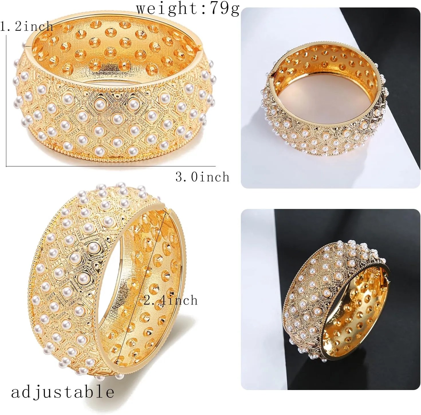 Wide Grooved Crystal Cuff Hinge Bangle Metal Shiny Punk Bracelet Great Polished Fashion Statement Bangles Gold Smooth Bangle Bracelet for Women Fashion Jewelry