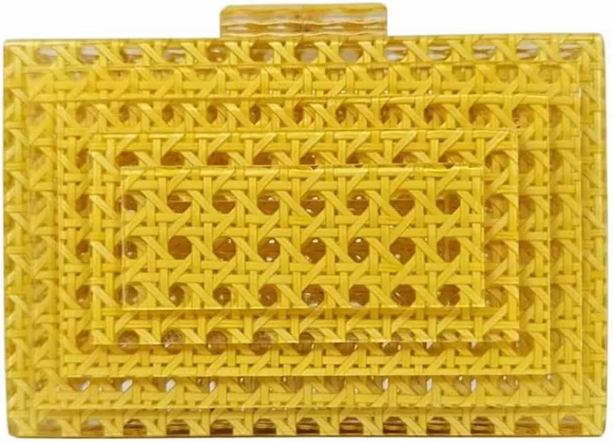 Women Acrylic Rattan Clutch Purse Rattan Woven Evening Bag Wedding Party Purse Summer Beach Wicker Shoulder Handbag