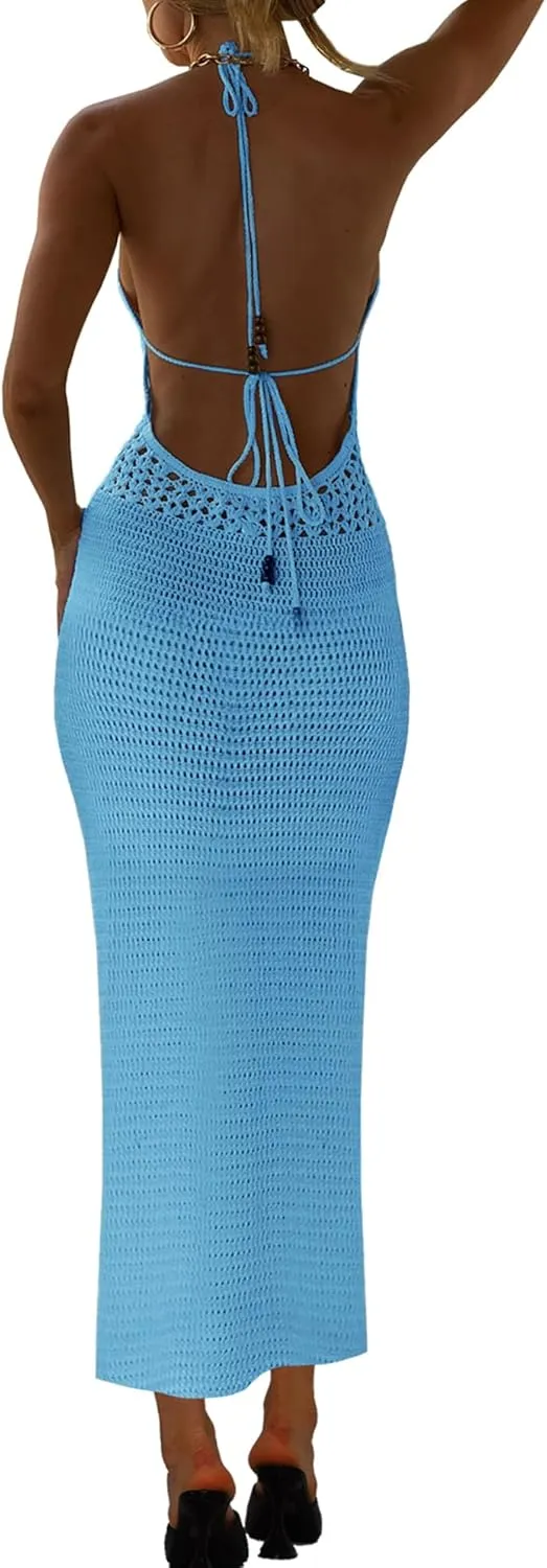 Women Backless Halter Mini Dress Casual Summer Knit Crochet Cutout Tie Back Bodycon Party Dress Beach Cover Up