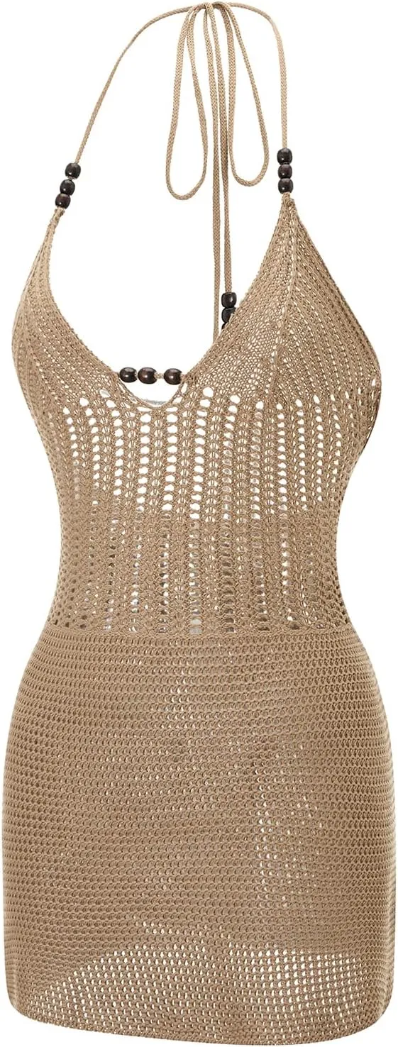 Women Backless Halter Mini Dress Casual Summer Knit Crochet Cutout Tie Back Bodycon Party Dress Beach Cover Up