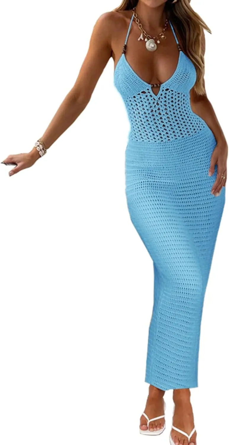 Women Backless Halter Mini Dress Casual Summer Knit Crochet Cutout Tie Back Bodycon Party Dress Beach Cover Up