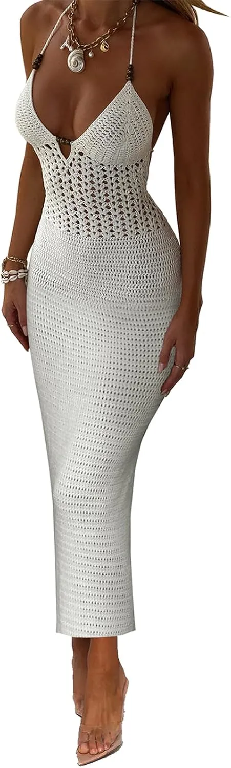 Women Backless Halter Mini Dress Casual Summer Knit Crochet Cutout Tie Back Bodycon Party Dress Beach Cover Up
