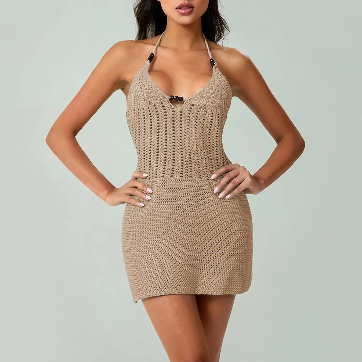 Women Backless Halter Mini Dress Casual Summer Knit Crochet Cutout Tie Back Bodycon Party Dress Beach Cover Up