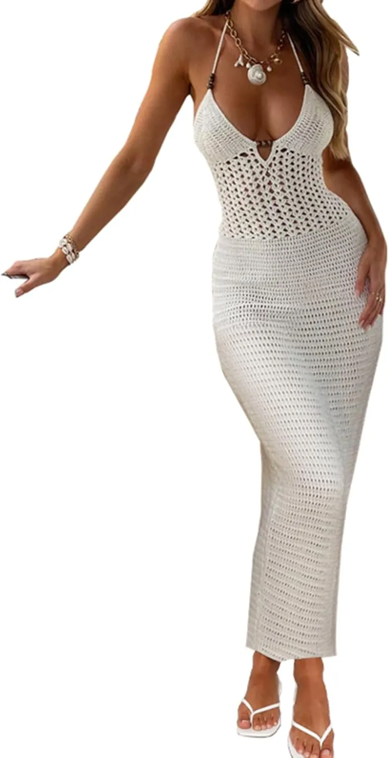 Women Backless Halter Mini Dress Casual Summer Knit Crochet Cutout Tie Back Bodycon Party Dress Beach Cover Up