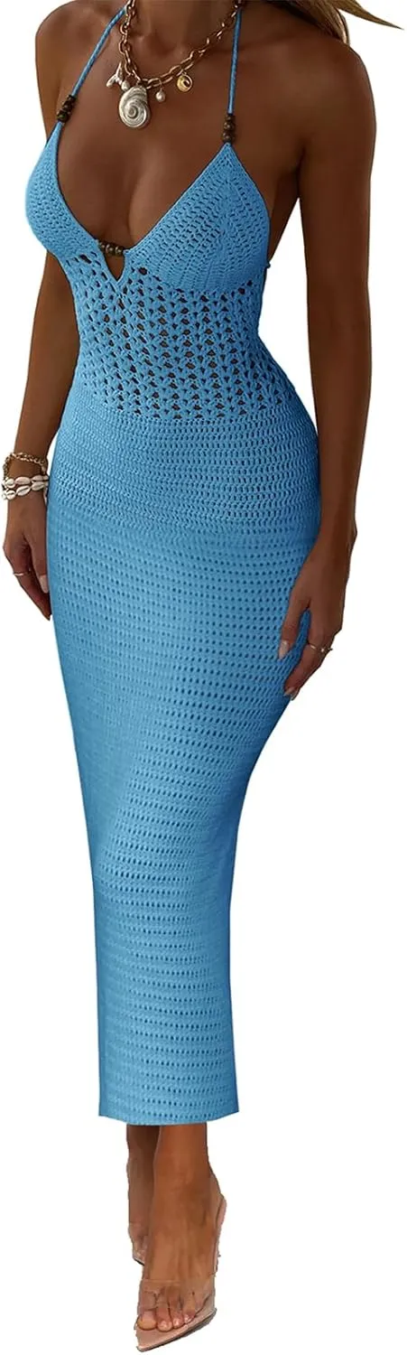 Women Backless Halter Mini Dress Casual Summer Knit Crochet Cutout Tie Back Bodycon Party Dress Beach Cover Up