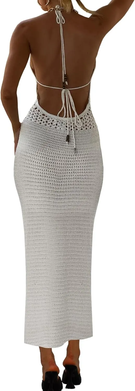 Women Backless Halter Mini Dress Casual Summer Knit Crochet Cutout Tie Back Bodycon Party Dress Beach Cover Up