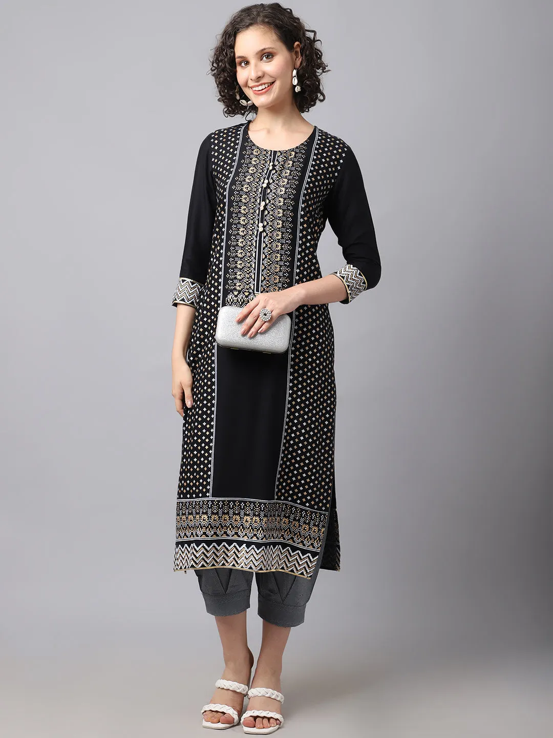 Women Black Geometric Printed Kurta With Palazzo