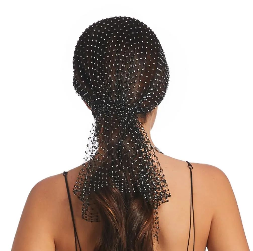 Women Black Mesh Rhinestones Headband Sparkly Head Scarf Glitter Fishnet Diamond Headpiece Crystal Nightclub Headwrap Rave Hair Accessories