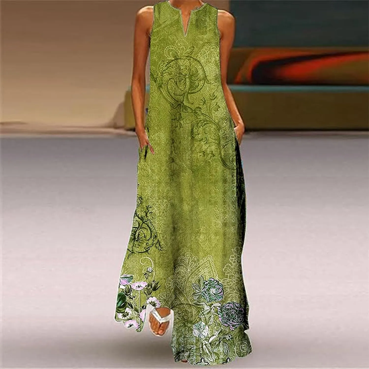 Women Casual Baggy Sundress Sleeveless V Neck Maxi Long Beach Shirt Dress Travel Vacation 2025 Summer Loose Outfits