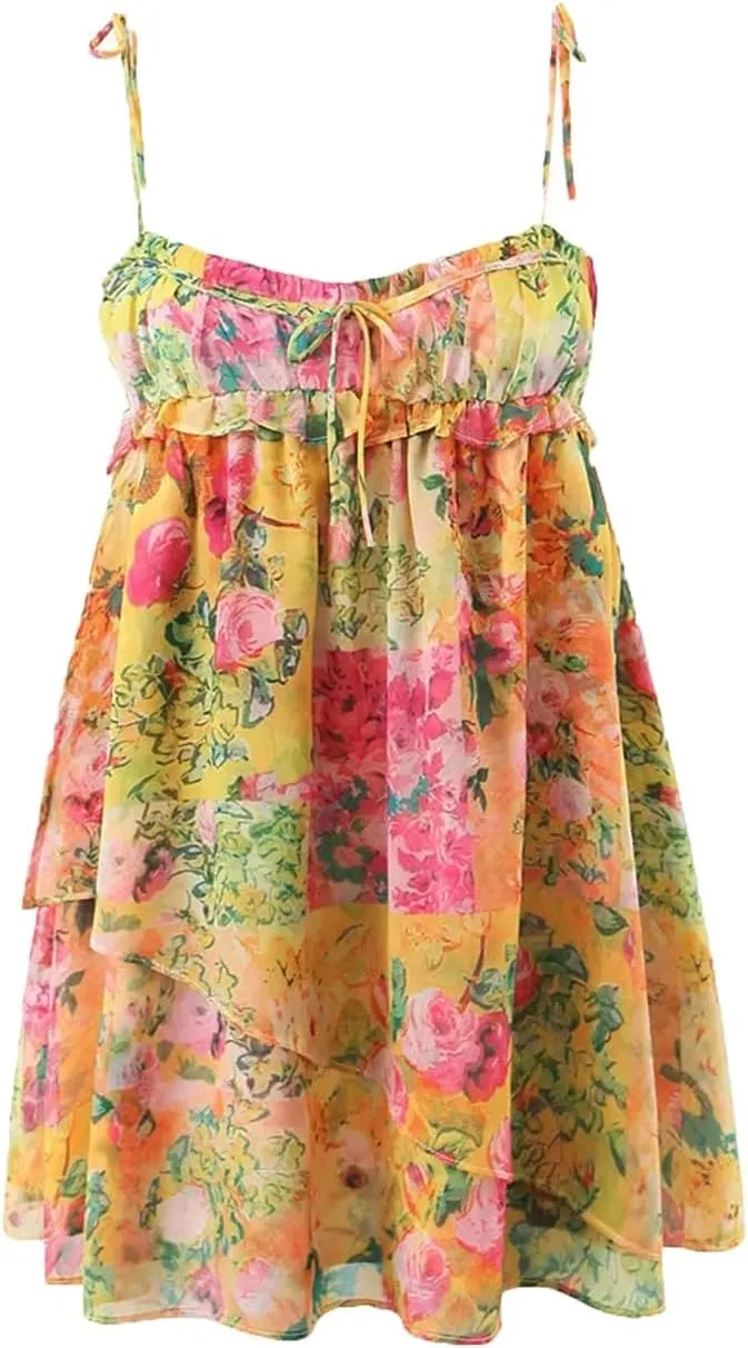 Women Corset Flower Print Spaghetti Strap Mini Dress Backless Skater Holiday Robe Slip Dress
