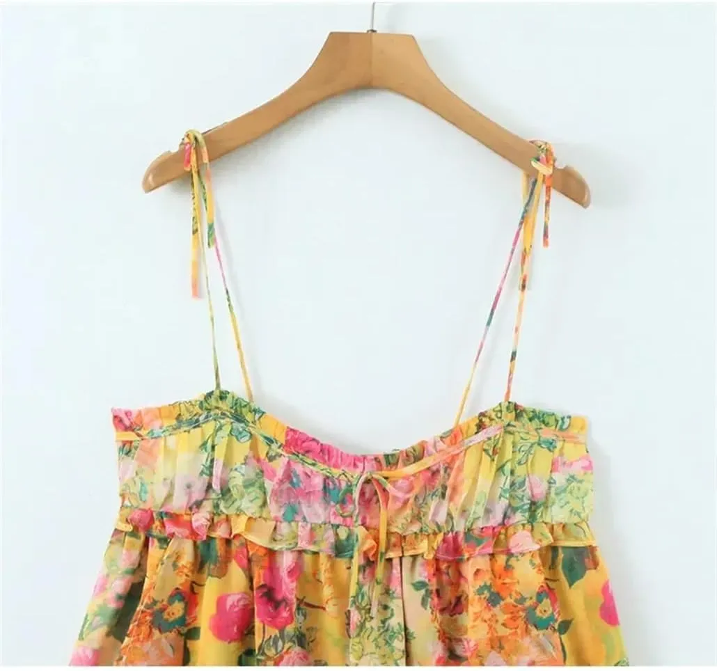 Women Corset Flower Print Spaghetti Strap Mini Dress Backless Skater Holiday Robe Slip Dress