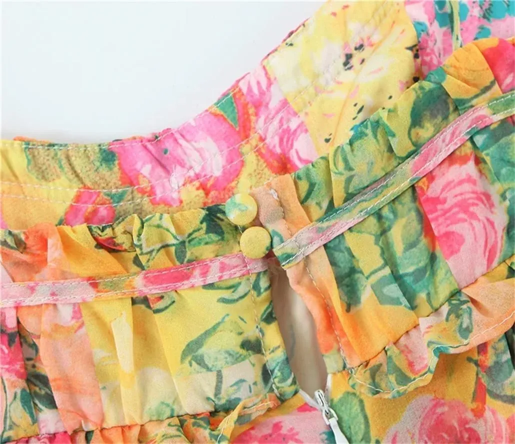 Women Corset Flower Print Spaghetti Strap Mini Dress Backless Skater Holiday Robe Slip Dress