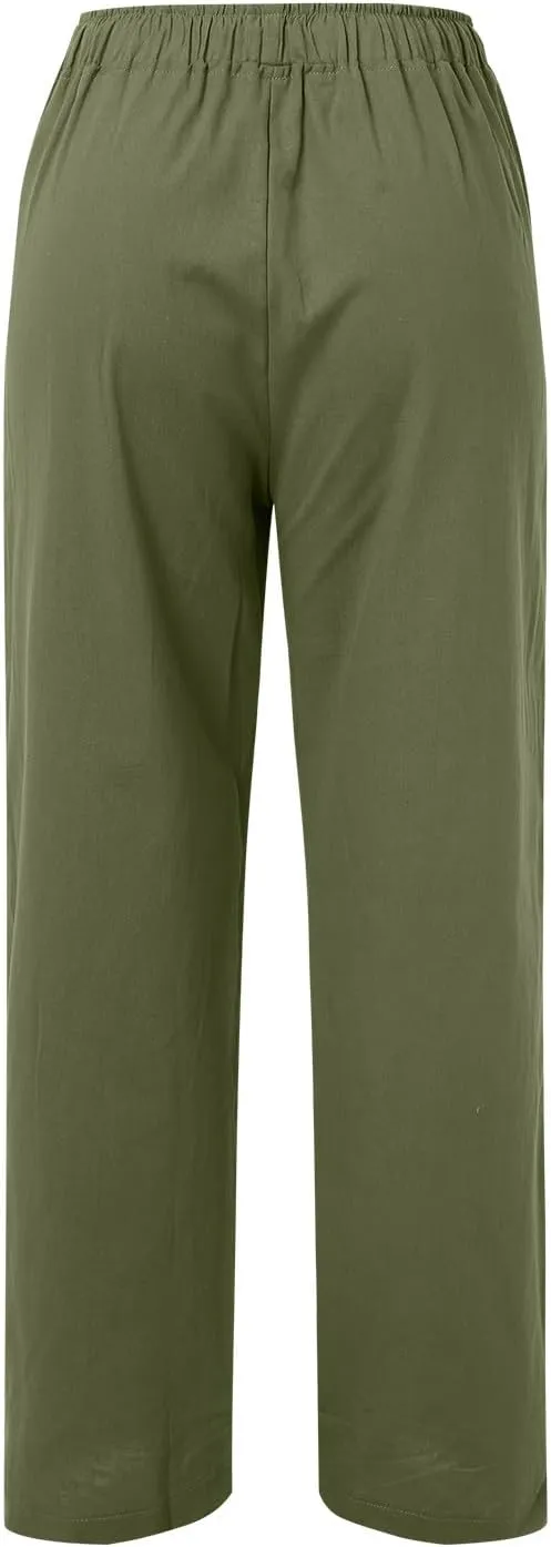 Women High Waist Wide Leg Pants Fashion Drawstring Elastic Beach Trousers Summer Comfy Straight Leg Long Pants Pockets