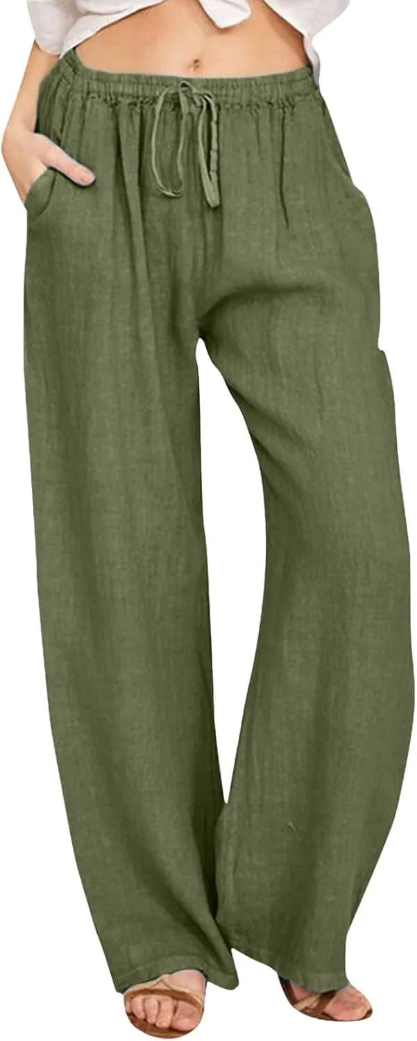 Women High Waist Wide Leg Pants Fashion Drawstring Elastic Beach Trousers Summer Comfy Straight Leg Long Pants Pockets