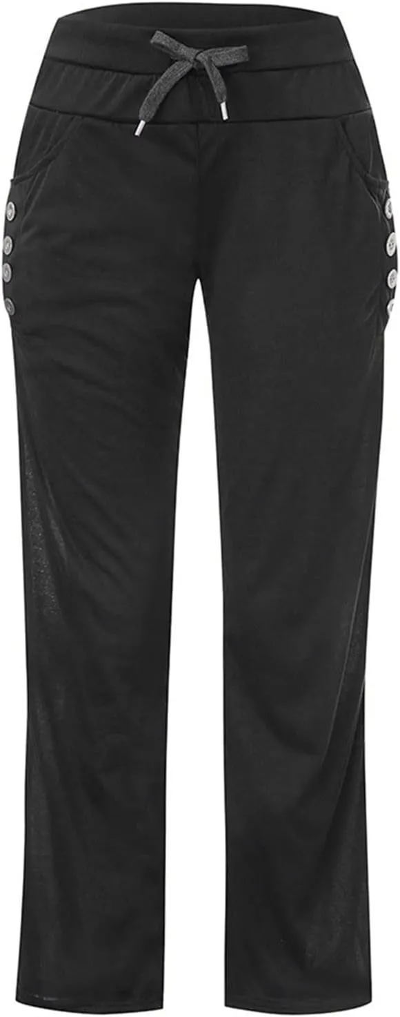 Women High Waist Wide Leg Pants Fashion Drawstring Elastic Beach Trousers Summer Comfy Straight Leg Long Pants Pockets