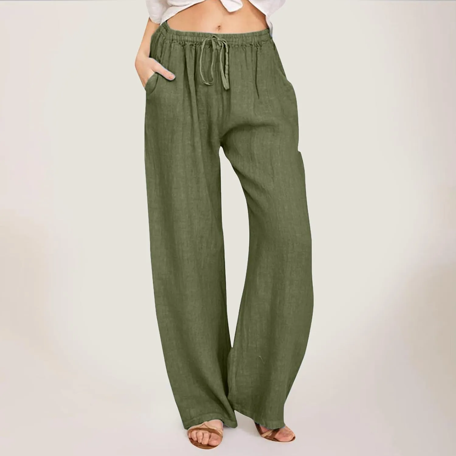 Women High Waist Wide Leg Pants Fashion Drawstring Elastic Beach Trousers Summer Comfy Straight Leg Long Pants Pockets