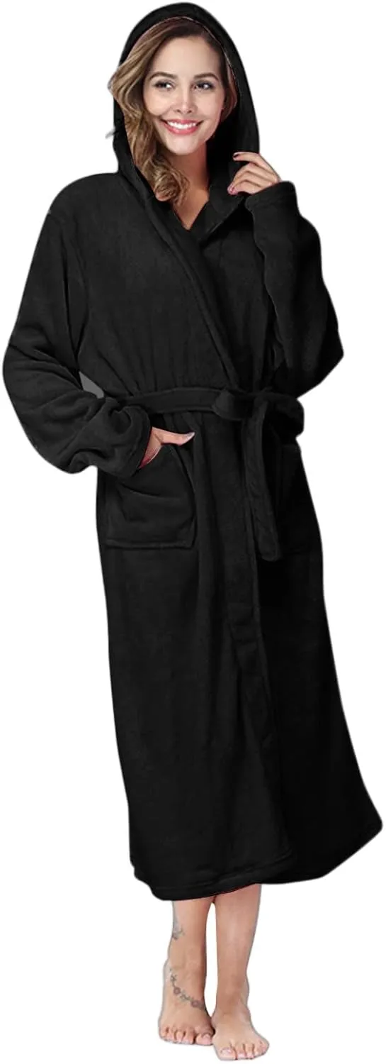 Women Hooded Fleece Bathrobe Lightweight Soft Robe Long Flannel Sleepwear Fleece Hooded Bathrobe Silk Lingerie