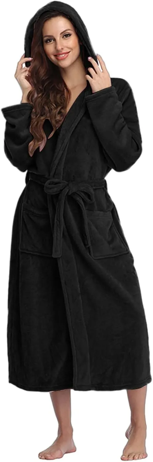 Women Hooded Fleece Bathrobe Lightweight Soft Robe Long Flannel Sleepwear Fleece Hooded Bathrobe Silk Lingerie