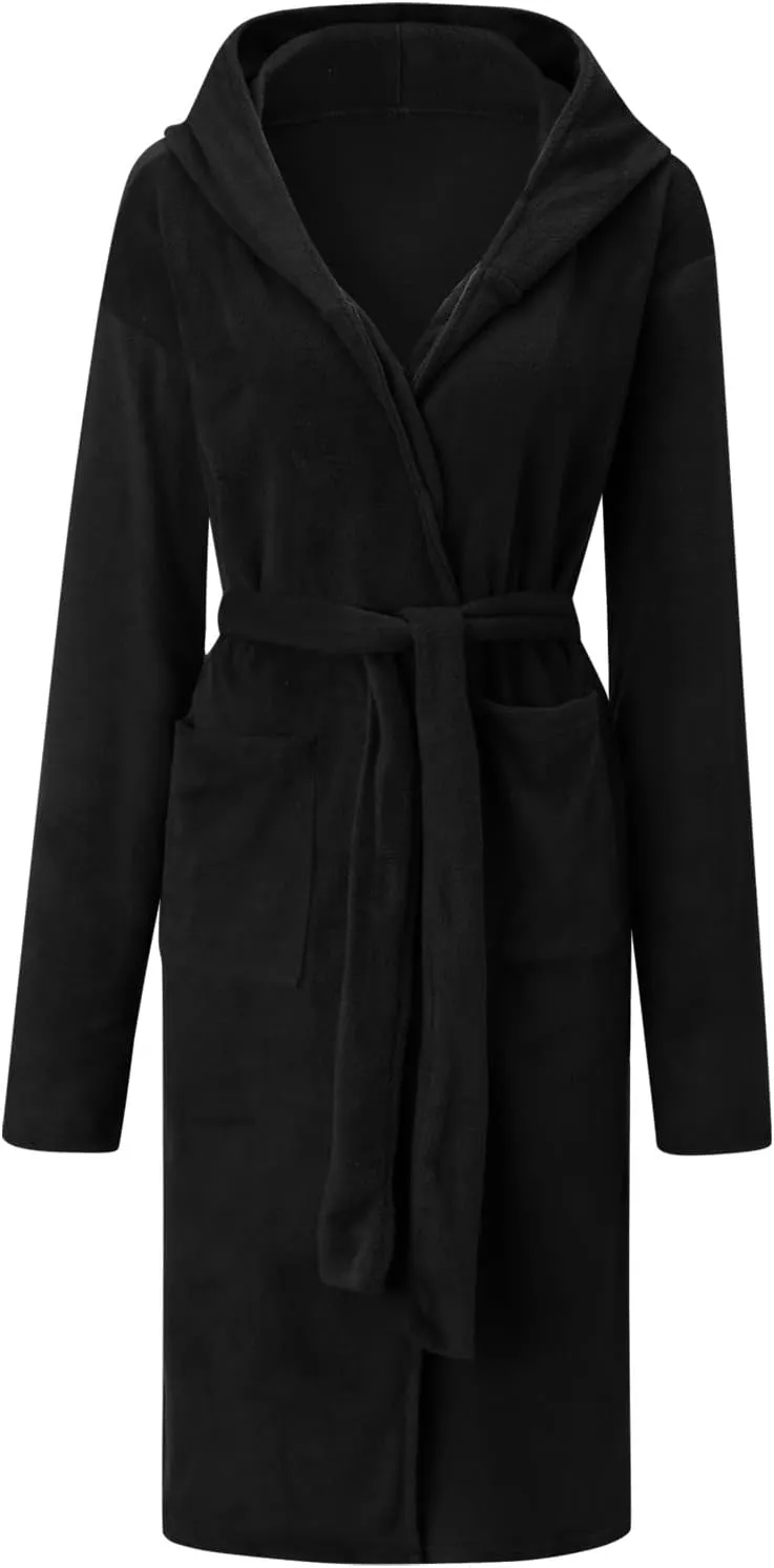 Women Hooded Fleece Bathrobe Lightweight Soft Robe Long Flannel Sleepwear Fleece Hooded Bathrobe Silk Lingerie